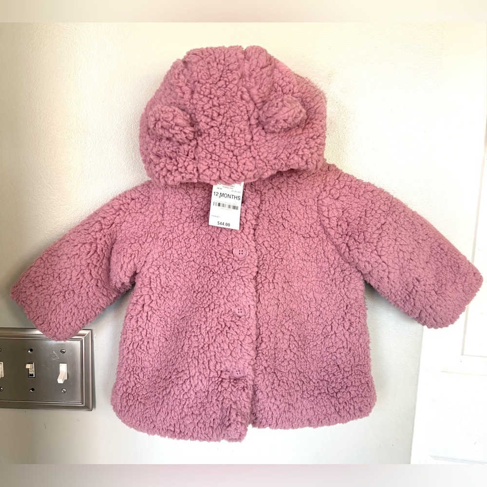 First Impressions Toddler girl’s 12 M Pink Sherpa Hoodie Coat Baby Bear NEW